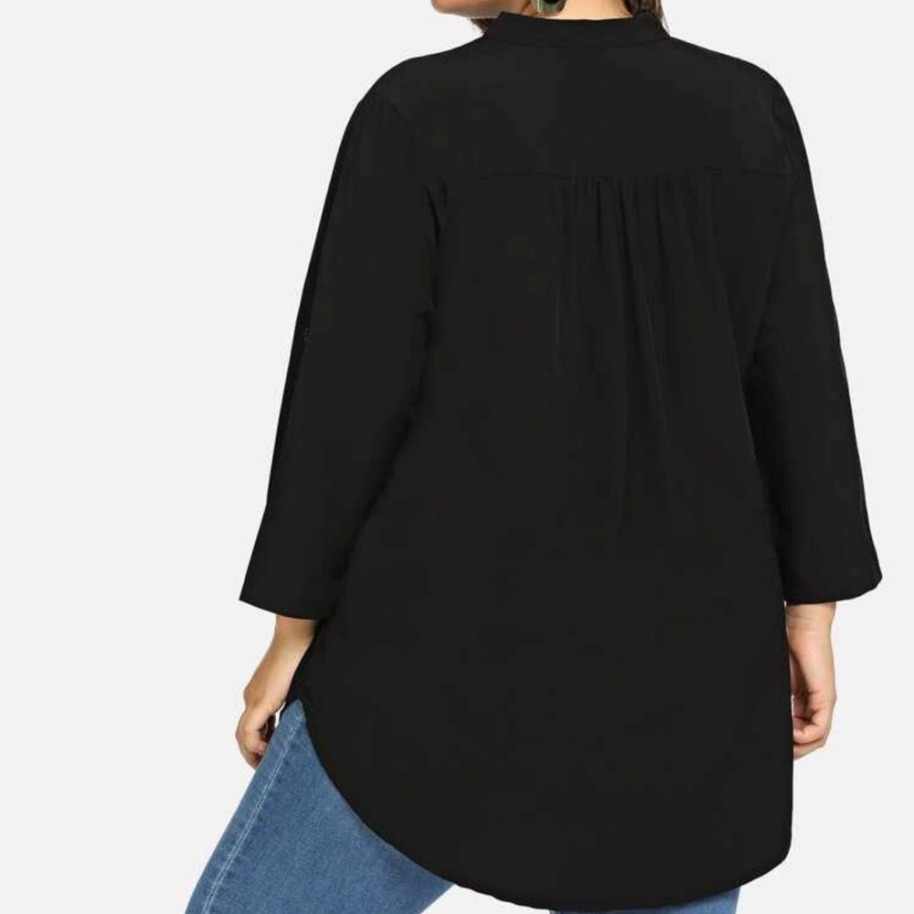 Roll tab long sleeve notched v neck hi low tunic top shirt navy blue boho - Picture 4 of 6